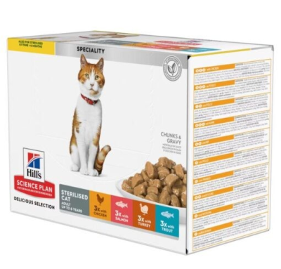 Hill’s Science Plan Sachets Pâtée pour Chat Adulte Stérilisé (1-6) – au Poulet à la Truite à la Dinde au Saumon (12x85g)