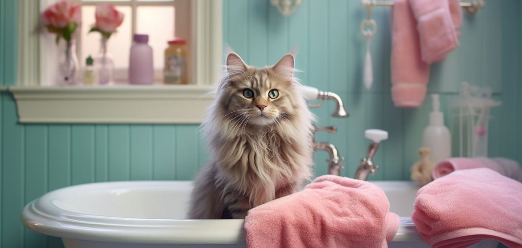Chat en cours de toilette dans une salle de bain