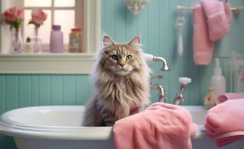 Chat en cours de toilette dans une salle de bain