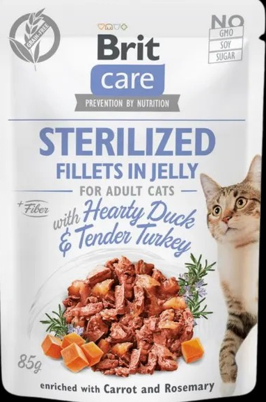 Brit Care Cat Aliment Humide Chat Sterilized. Fillets in Jelly w Hearty Duck&Tender Turkey 85 g