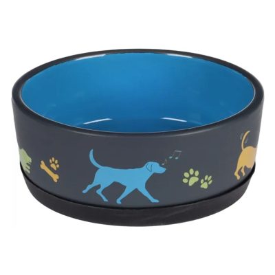 Gamelle en céramique pour la nourriture et l’eau Cori Rond Gris foncé & Bleu 500ml