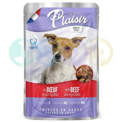 Pochon pour chien adulte aux émincés de boeuf et légumes en sauce 100g – PLAISIR