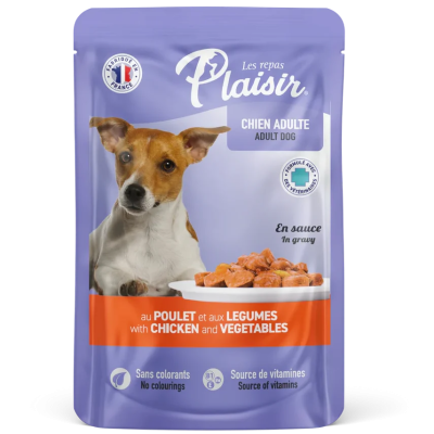 Sachet fraîcheur 100g d’émincés au Poulet aux Légumes en sauce (chien adulte)