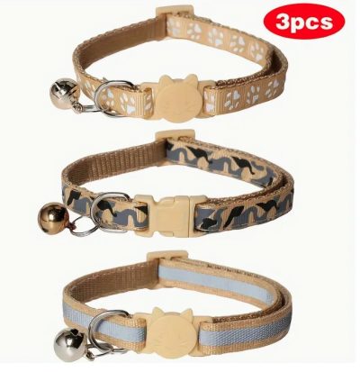 3 Colliers pour chat couleur kaki taille unique