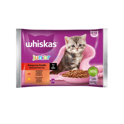 WHISKAS Junior – Alimentation humide en sauce pour chatons – Bœuf et poulet – 4 x 85 g