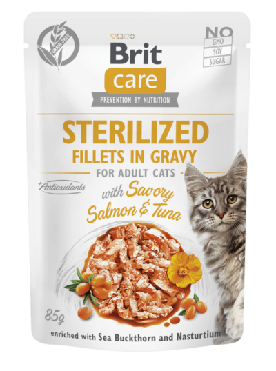 Brit Care Aliment Humide Chat Sterilized Fillets in Gravy with Savory Salmon &Tuna 85 g