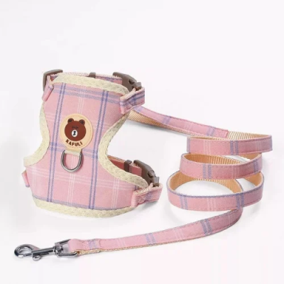 Harnais pour chien et chat Rose à carreaux avec laisse