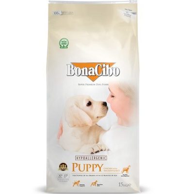 Bonacibo Formule PUPPY Croquettes Low Grain et Hypoallergeniques pour Chiots (au poulet, anchois & riz) 15kg