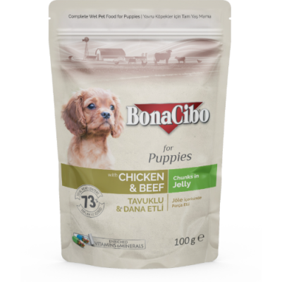 Bonacibo Morceaux en gelée Premium pour Chiot au poulet et au bœuf 100 gr