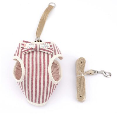 Harnais pour Chat avec Laisse taille S, gilet rayé rouge et blanc avec nœud papillon et laisse beige