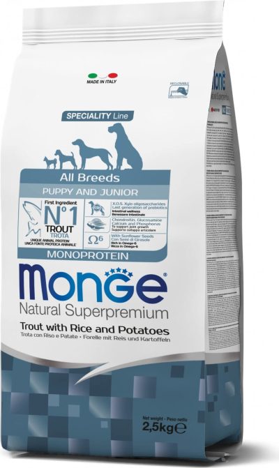 Monge Toutes Races Puppy And Junior Truite Riz Patate Croquettes 2.5kg