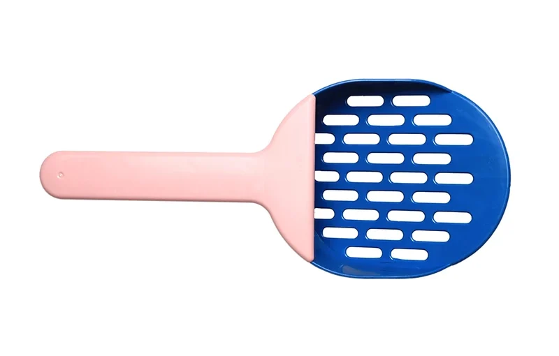 Pelle à litière pour chat rose avec manche rose et tête filtrante bleue