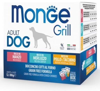 Monge Multi Pouches pour Chiens adultes Boeuf/Poisson/Poulet et Dinde 12x100g