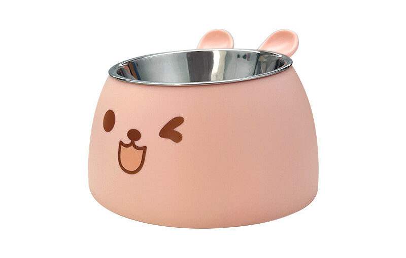 Gamelle pour Chat en Inox avec support rose, petites oreilles et visage décoratif