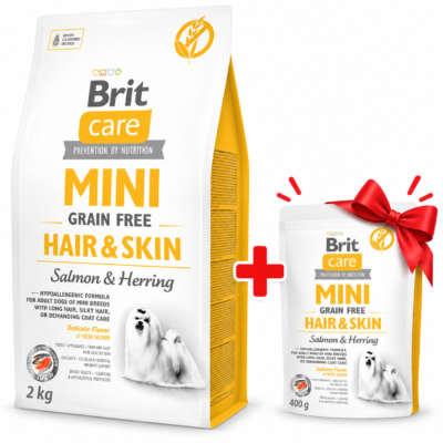 Brit Care Mini Hair Skin Saumon Hareng 2kg avec sachet 400g offert