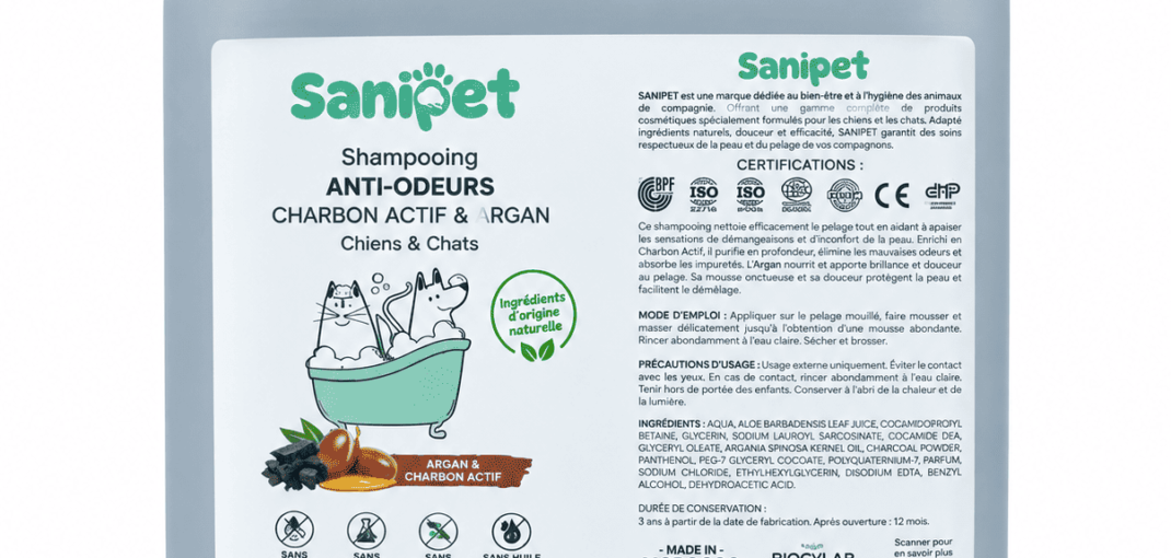 SaniPet Shampoing Anti-Odeurs 5L au charbon actif et argan pour chien et chat