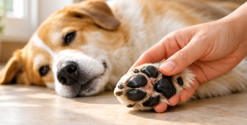 coussinets du chien examinés après une promenade
