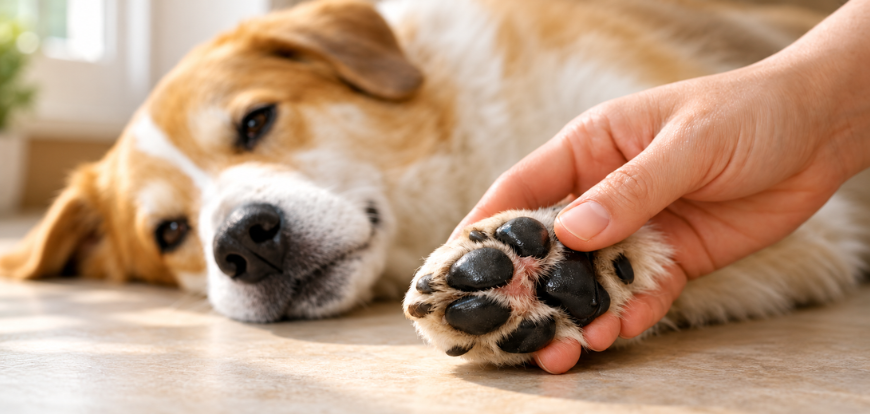 coussinets du chien examinés après une promenade