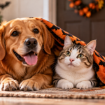 Halloween chien et chat dans un décor avec citrouilles
