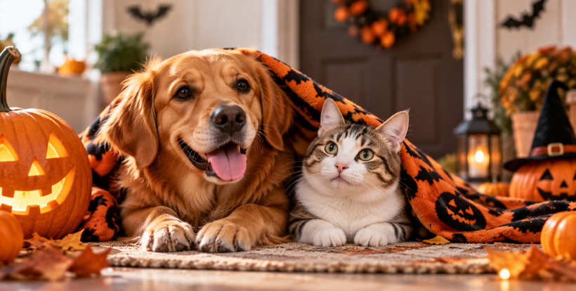 Halloween chien et chat dans un décor avec citrouilles