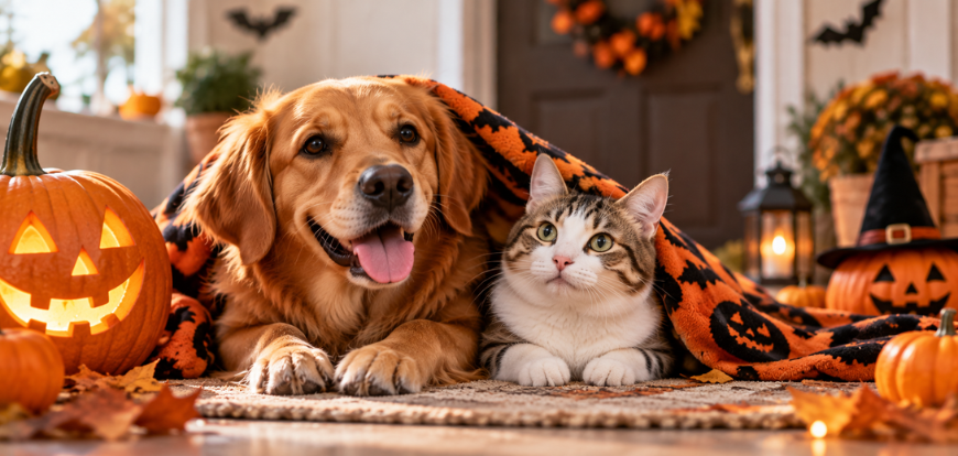Halloween chien et chat dans un décor avec citrouilles