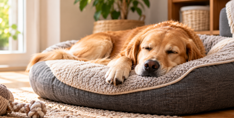 Sommeil du chien dans un couchage confortable