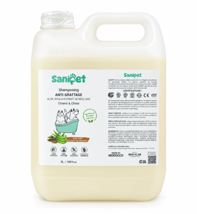 Sanipet Shampooing Anti-Grattage Aloe Vera & Extrait de Réglisse – Chiens et Chats –5L