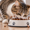 chat mange trop vite devant sa gamelle de croquettes
