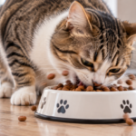 chat mange trop vite devant sa gamelle de croquettes
