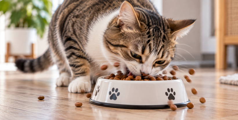 chat mange trop vite devant sa gamelle de croquettes