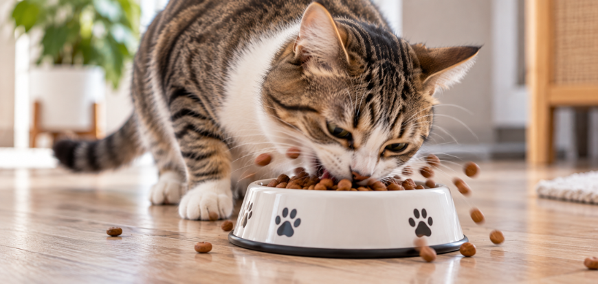 chat mange trop vite devant sa gamelle de croquettes