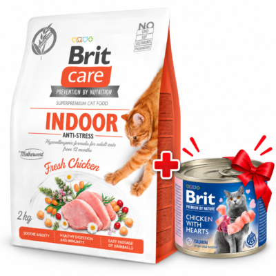 Brit Care Indoor Anti-Stress 2kg avec boîte Brit Premium Poulet et Cœurs 200g offerte