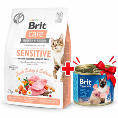 Brit Care Cat Sensitive 2kg avec boîte Brit Premium pâtée truite et foie offerte